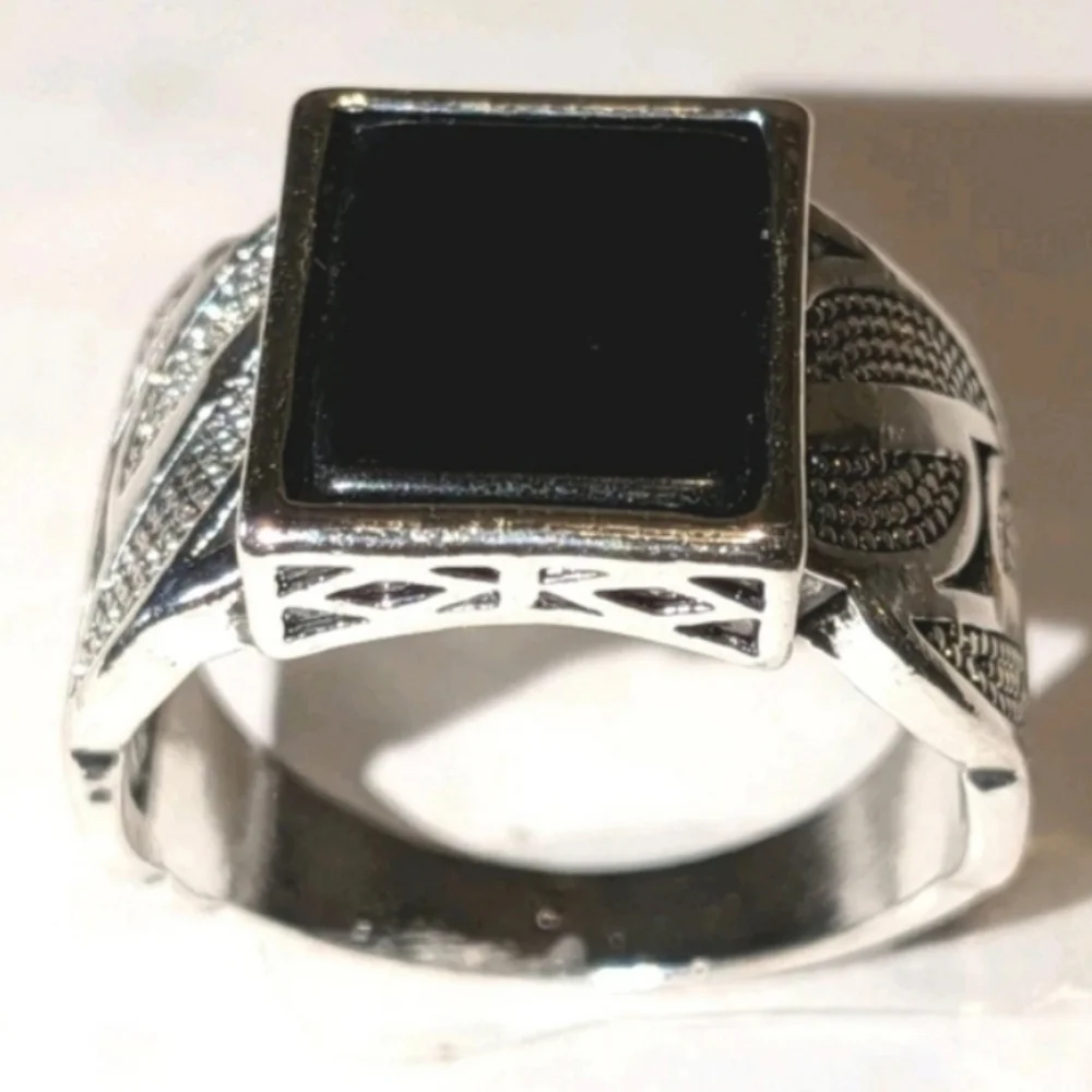 14k White gold Plated Over Sterling silver Turkish Gemstone Black Onyx Mens Ring